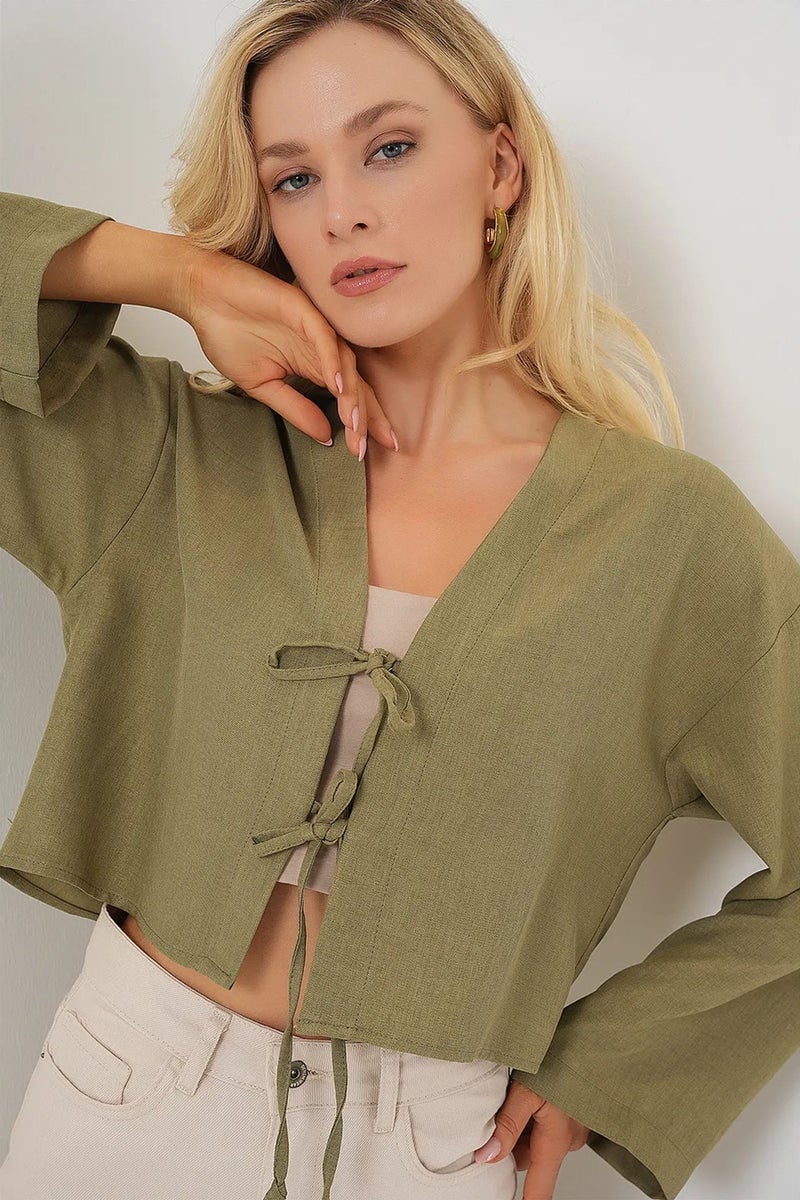 BIG DART BDART Viscose Blend V-Neck Long Sleeve Kimono with Binding Detail - Image 1
