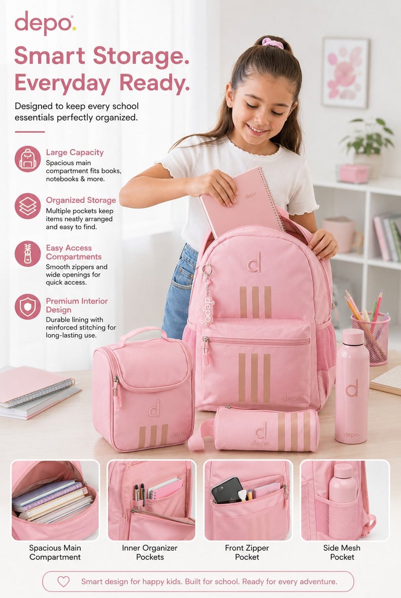 Depo 4-Piece School Backpack Set for Girls – 44cm Backpack, Insulated Lunch Bag, Pencil Case & 500ml Stainless Steel Water Bottle | Lightweight, Water-Resistant School Bag Set – Pink - Image 3