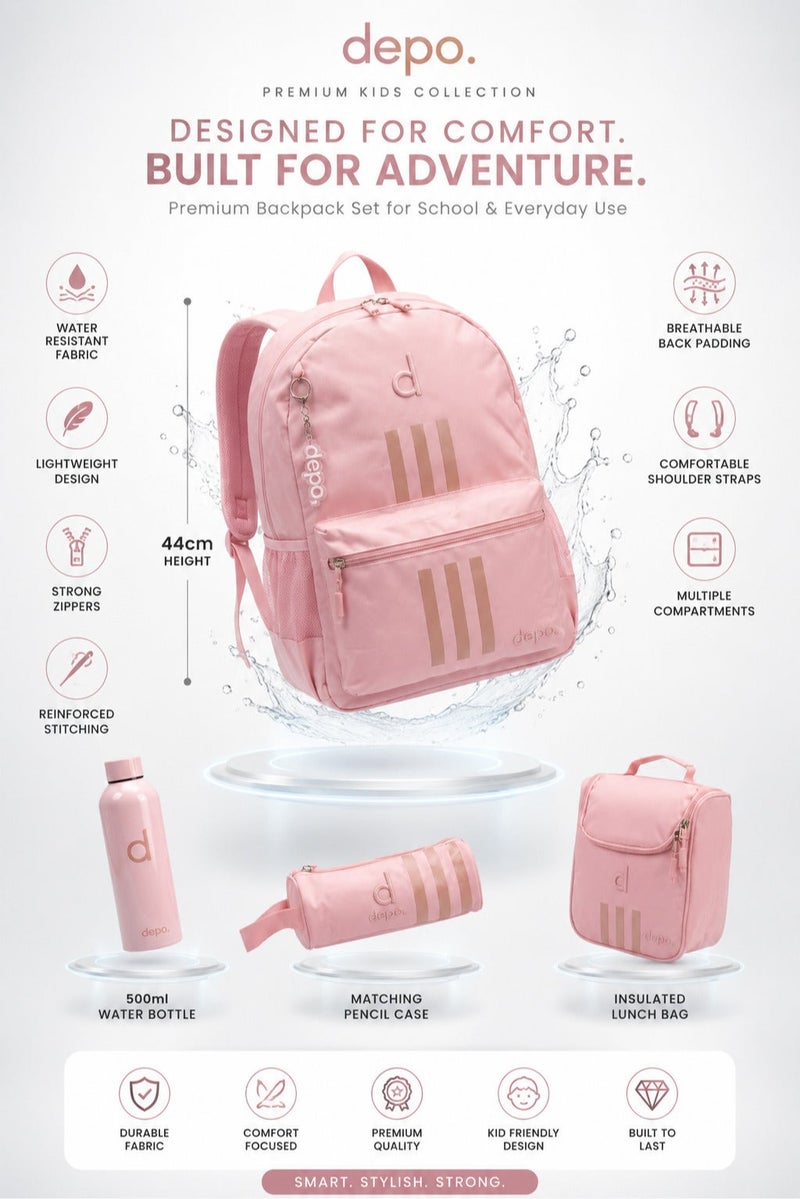 Depo 4-Piece School Backpack Set for Girls – 44cm Backpack, Insulated Lunch Bag, Pencil Case & 500ml Stainless Steel Water Bottle | Lightweight, Water-Resistant School Bag Set – Pink - Image 4