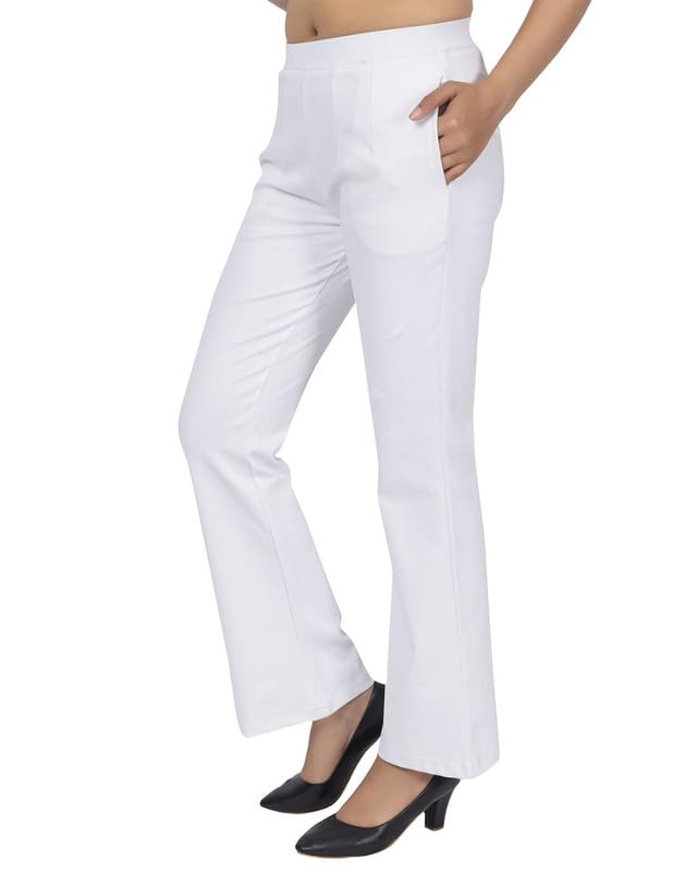 Mlada Store Mlada Bootcut Flare Pants for Women Stretch Cotton Knit Boot Cut Mid Waist Flared Trouser Elastic Waist Band Utility Pockets for Formal Office Work Wear,Travel-Regular/Plus Size-White, Large - Image 1