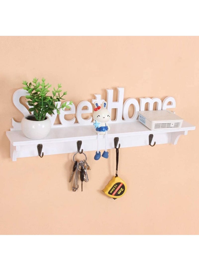 Key Holder White Sweet Home Hooks with Shelf Wooden Hanging Coat Floating Shelves Office Wall Decoration - Image 1