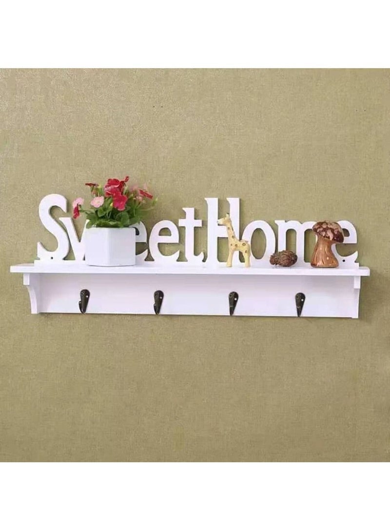 Key Holder White Sweet Home Hooks with Shelf Wooden Hanging Coat Floating Shelves Office Wall Decoration - Image 4