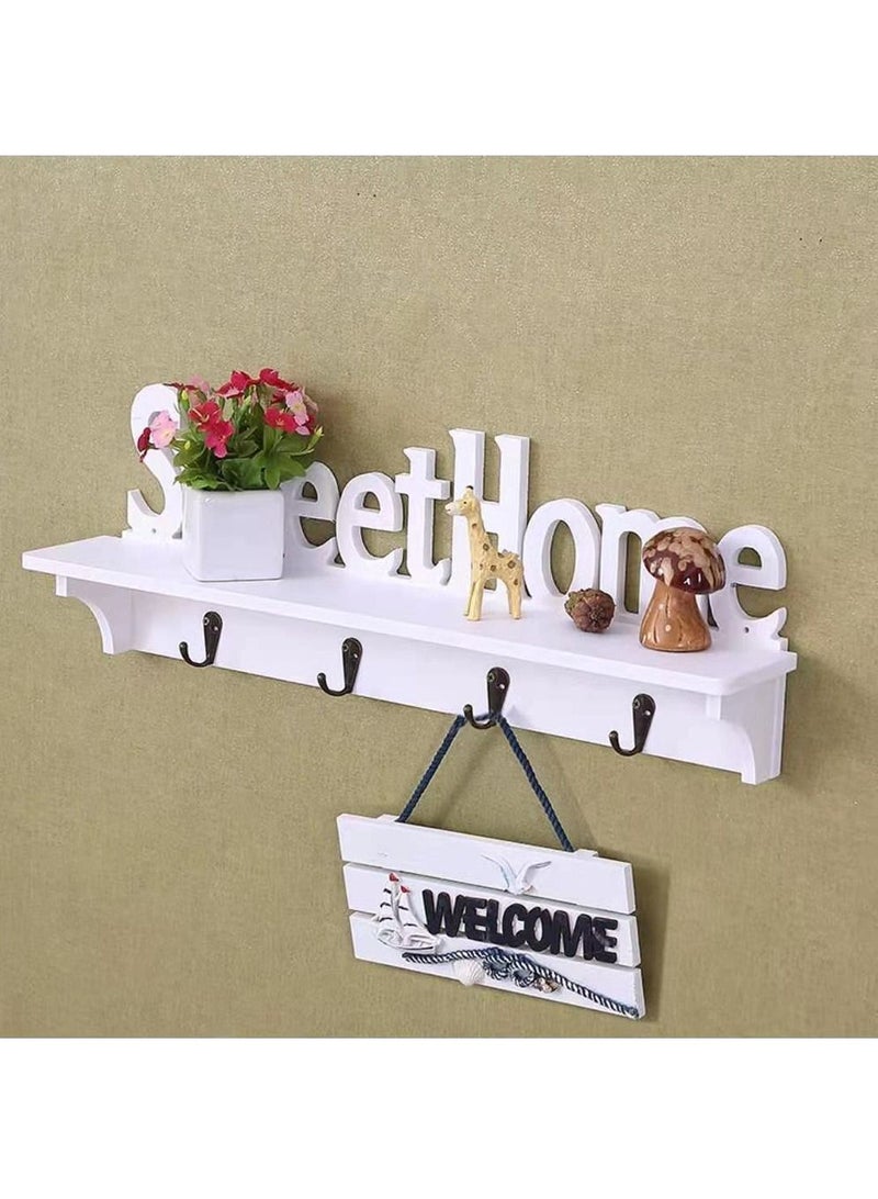 Key Holder White Sweet Home Hooks with Shelf Wooden Hanging Coat Floating Shelves Office Wall Decoration - Image 2