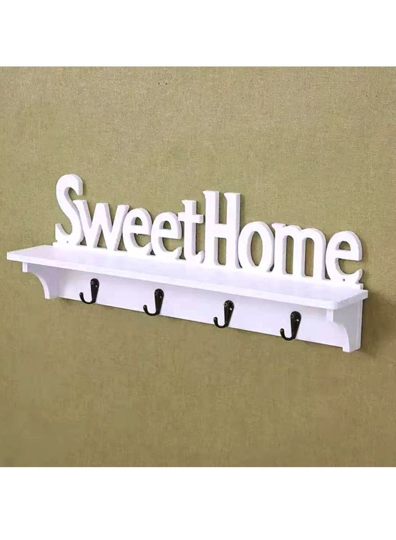 Key Holder White Sweet Home Hooks with Shelf Wooden Hanging Coat Floating Shelves Office Wall Decoration - Image 3
