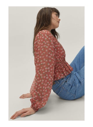 Floral Print Metallic V-Neck Wrap Top