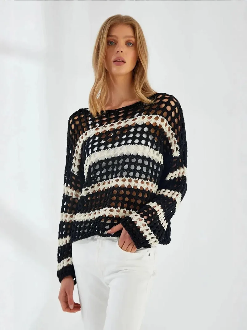 MixRay Mixray Thick Textured Striped Oversize Knit Sweater