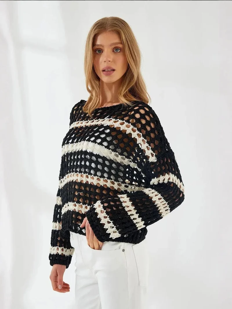 MixRay Mixray Thick Textured Striped Oversize Knit Sweater