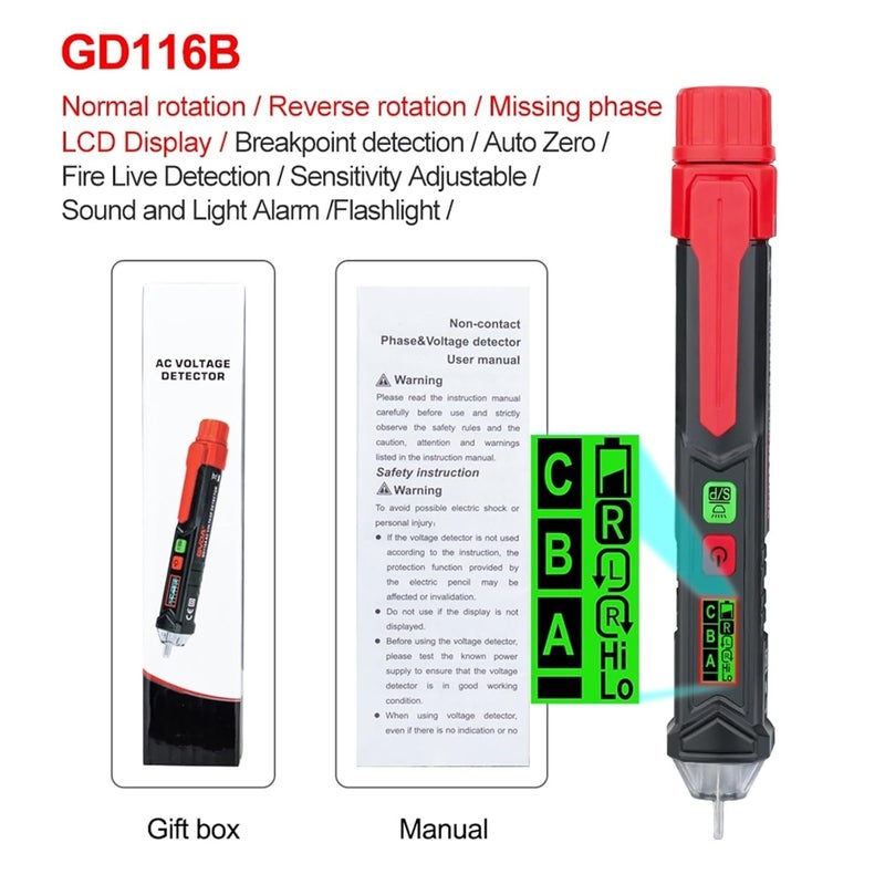 GD116B قلم كاشف الجهد المتردد غير المتصل 12 فولت إلى 1000 فولت، جهاز اختبار ذكي، مستشعر كهربائي - Image 3