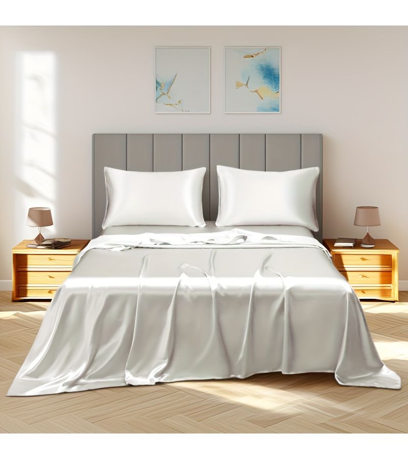 Satin Solid White Bed Sheet Simple Smooth Breathable All Season - Image 2