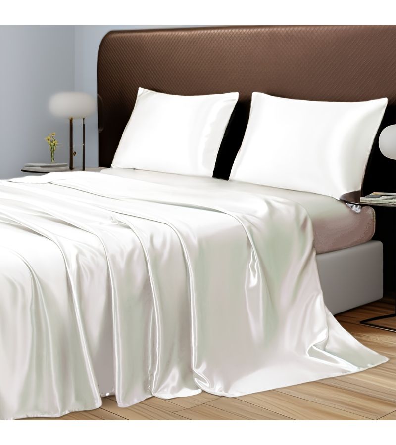 Satin Solid White Bed Sheet Simple Smooth Breathable All Season - Image 4