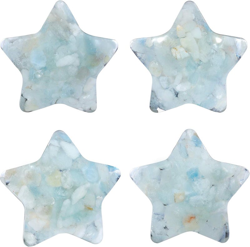 Rockcloud Pack of 4 Star Shape Worry Stones Crushed Stones Resin Figurine Puffy Star Natural Crystal Stone Chips Decoration for Healing Banlacing Energy, Aquamarine