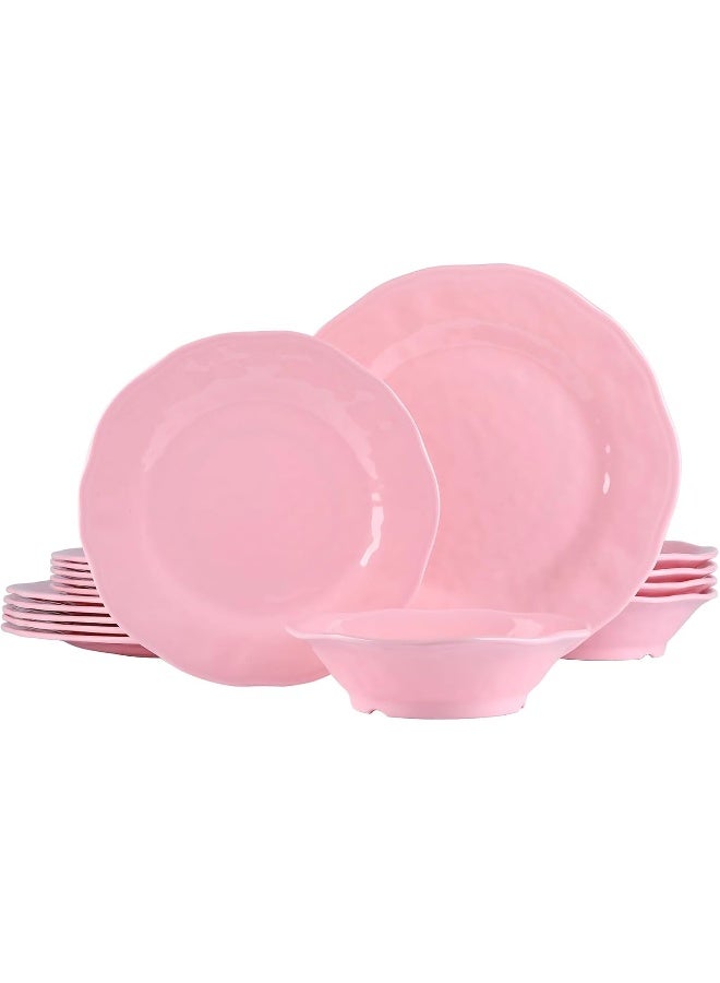 ZAROCRUS 18 Piece Pink Dinnerware Set Lightweight Kitchen Dining Plates and Bowls Set Durable Melamine Dishes Set of 6 Unbreakable RV Camping Dishes Dishwasher Safe - Image 1