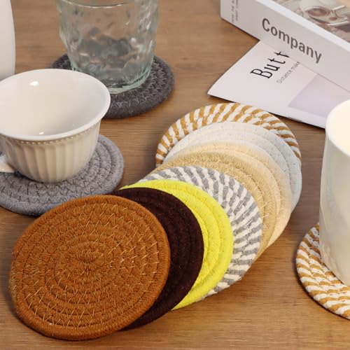 krastmon Coasters Set of 4 for Drinks, Cotton Woven 4 Colors Absorbent Boho Coasters for Home Decor Cups - Hot or Cold Drink Thickened (Mocha Mousse Color) - Image 3