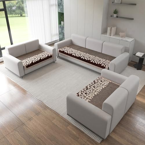 Nendle Refined Velvet Floral Sofa Mat 7 Seater Set Cover Elegant and Durable Protector for Living Room Sofa Set 3+2+2, Suitable for Wooden, Leather, Other Fabric Sofa Set (Color Brown, Pack of 3) - Image 1