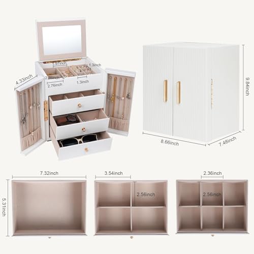Dajasan Large Jewelry Box Organizer Jewelry Storage Organizer with 3 Drawers Huge Jewelry Box with Mirror for Women Girls Double Door Textured PU Leather Gift Idea Stylish White Gold - Image 3