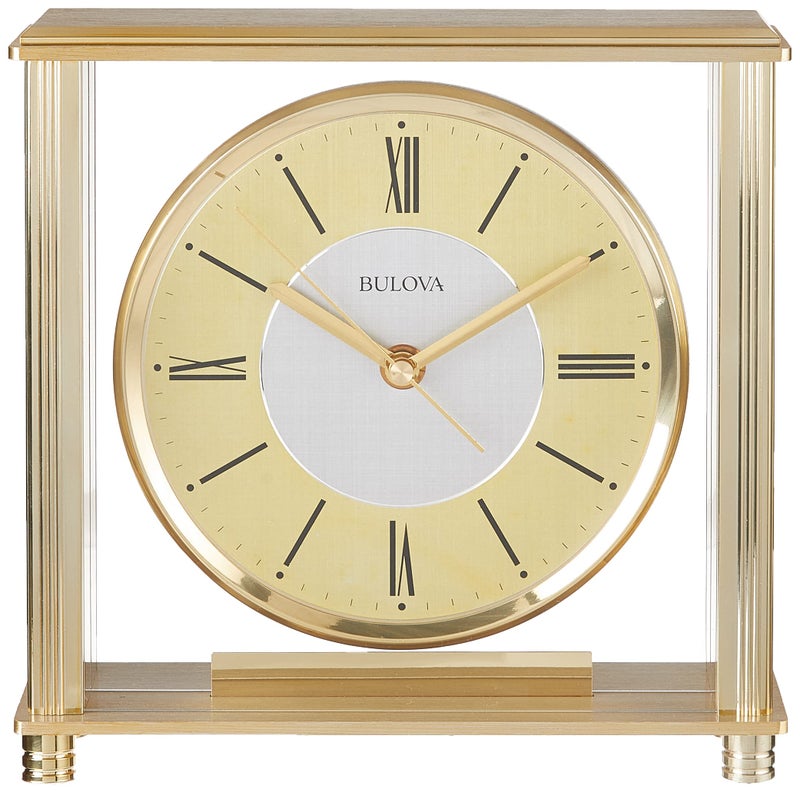 Bulova B1700 Grand Prix Table Clock | Brass MetalFinish | Glass Enclosure with Two-Tone Metal Dial | Quiet Sweep | Elegant Desktop Timepiece for Offices & Collectors - Image 2