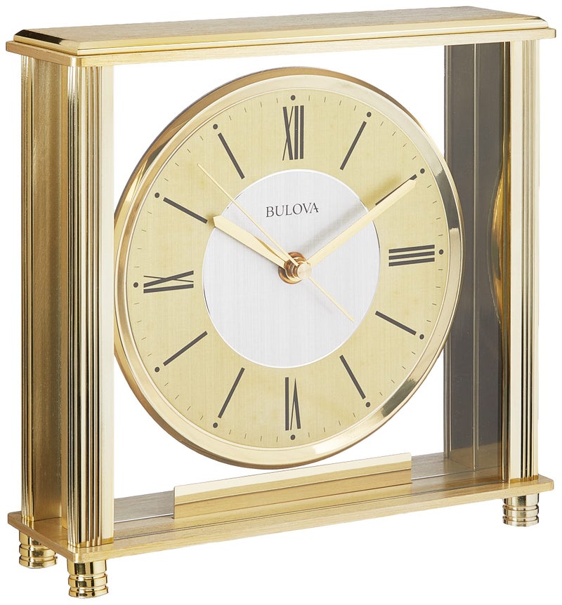 Bulova B1700 Grand Prix Table Clock | Brass MetalFinish | Glass Enclosure with Two-Tone Metal Dial | Quiet Sweep | Elegant Desktop Timepiece for Offices & Collectors - Image 4
