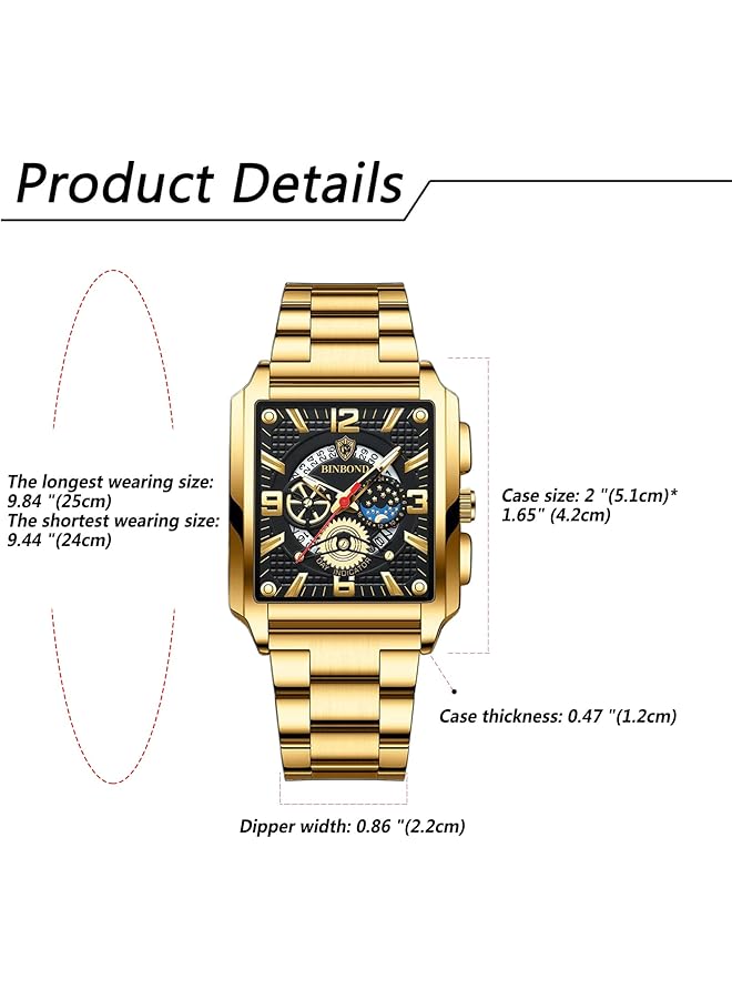 JewelryWe Watches Men Stainless Steel Square Luxury Date Calendar 30 M Waterproof Analogue Quartz Wrist Watch Men Stainless Steel Bracelet Watch With Rectangular Dial And Luminous Hands - Image 5