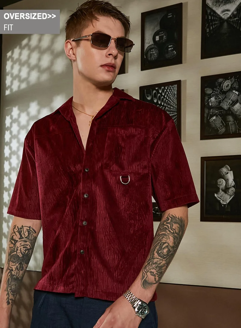 Campus Sutra Campus Sutra Men's Burgundy Red Veined Utility Oversized Shirt For Casual Wear | Cuban Collar | Short Regular Sleeves | Button Closure | Oversized Shirt Crafted With Comfort Fit For Everyday Wear