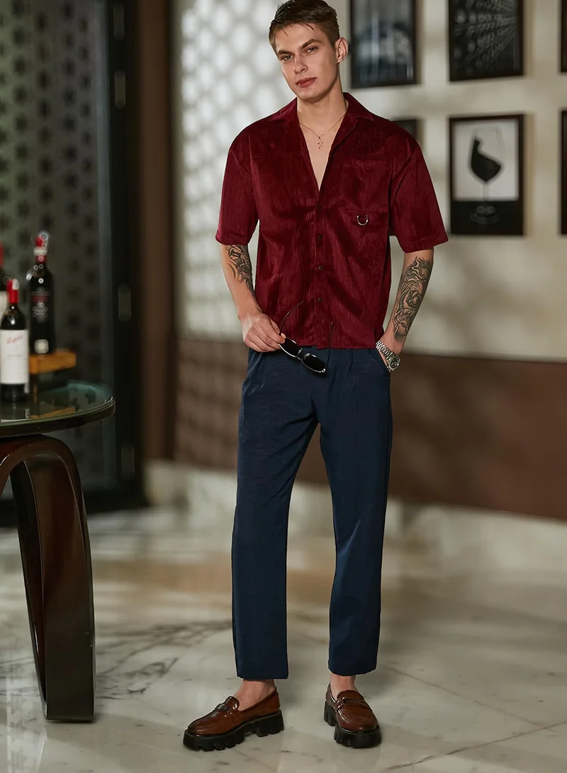 Campus Sutra Men's Burgundy Red Veined Utility Oversized Shirt