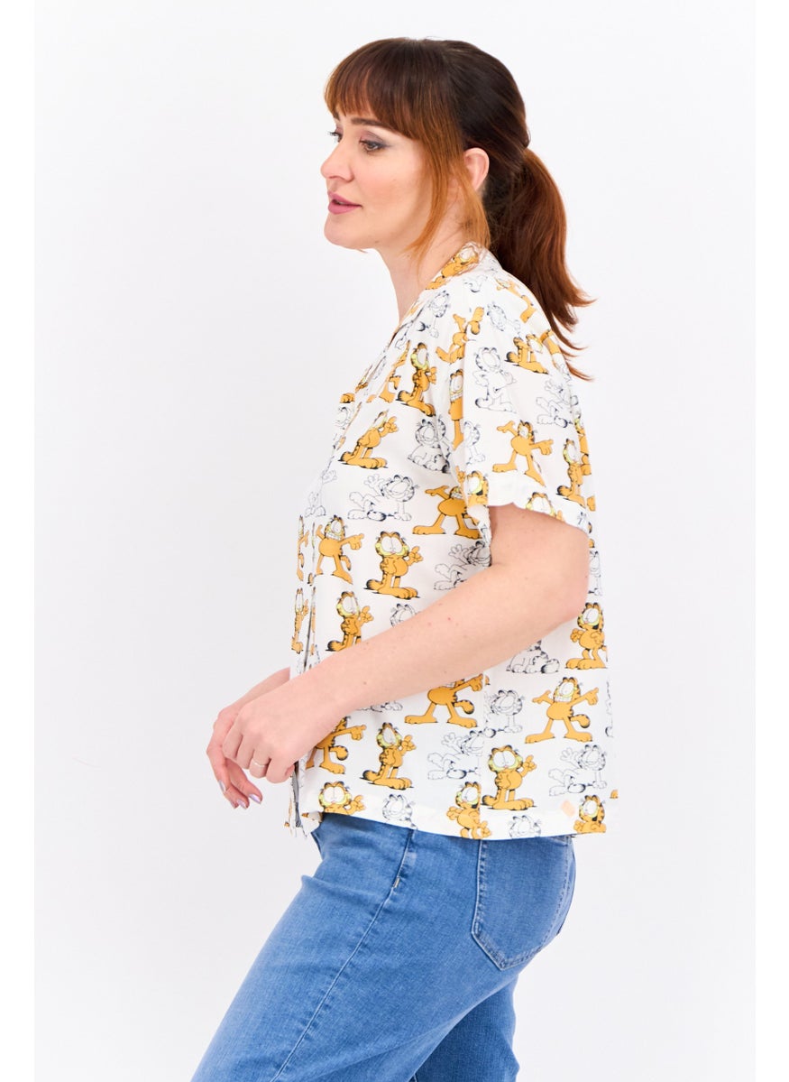 Garfield - Women Notched Collar Short Sleeves Allover Print Shirt, White Combo - Image 1