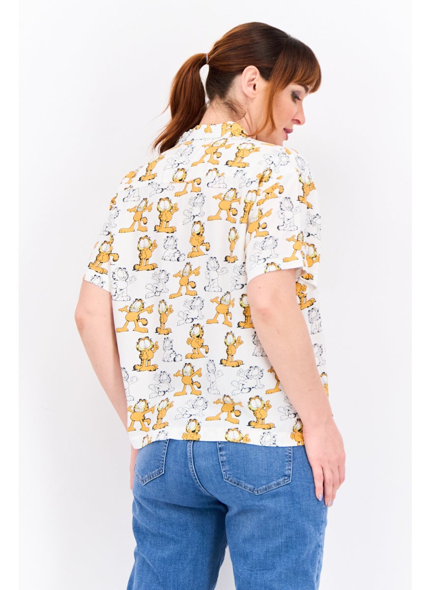 Garfield - Women Notched Collar Short Sleeves Allover Print Shirt, White Combo - Image 1