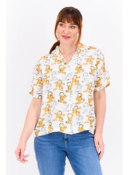 Women Notched Collar Short Sleeves Allover Print Shirt, White Combo
