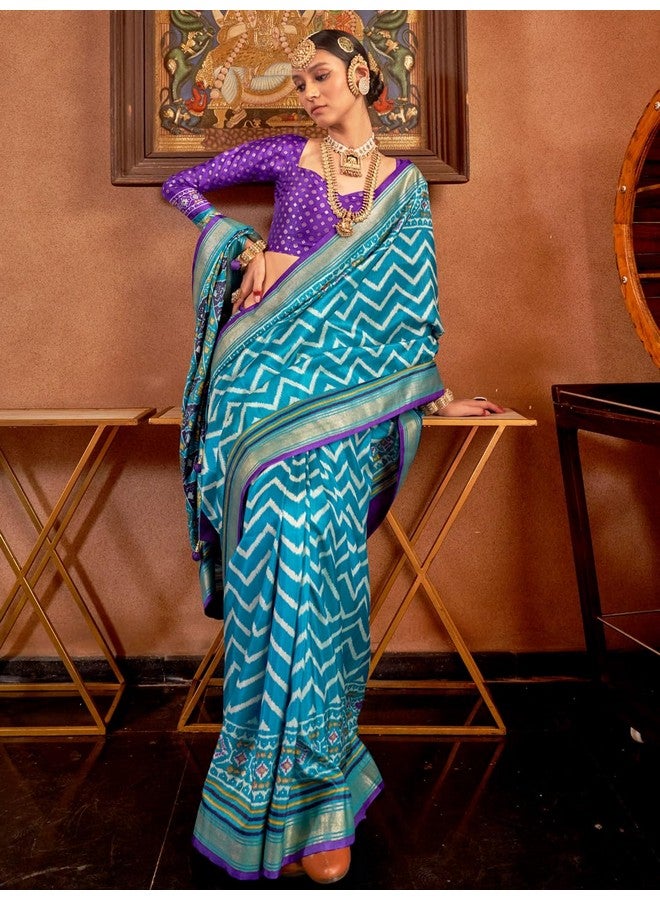 saree mall ساري مول ساري حرير مزج أزرق فاتح مزخرف هندسي مع بلوزة غير مخيطة (SUWRNAP10334_RW) - Image 2