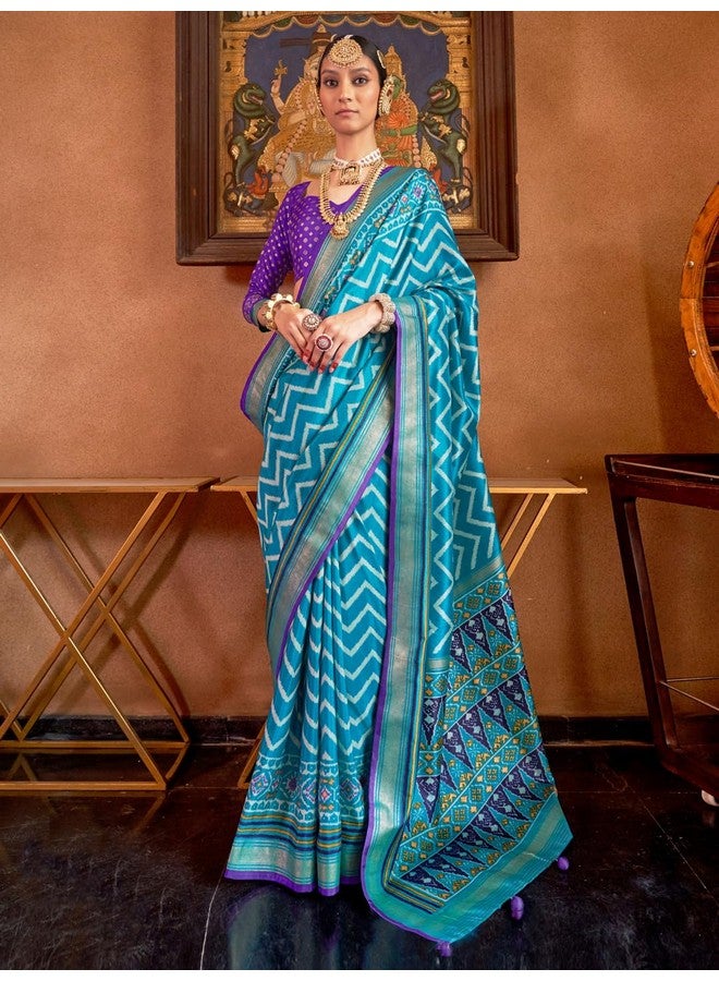 saree mall ساري مول ساري حرير مزج أزرق فاتح مزخرف هندسي مع بلوزة غير مخيطة (SUWRNAP10334_RW) - Image 4