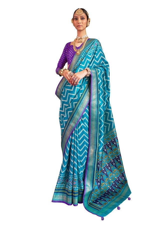 saree mall ساري مول ساري حرير مزج أزرق فاتح مزخرف هندسي مع بلوزة غير مخيطة (SUWRNAP10334_RW) - Image 1