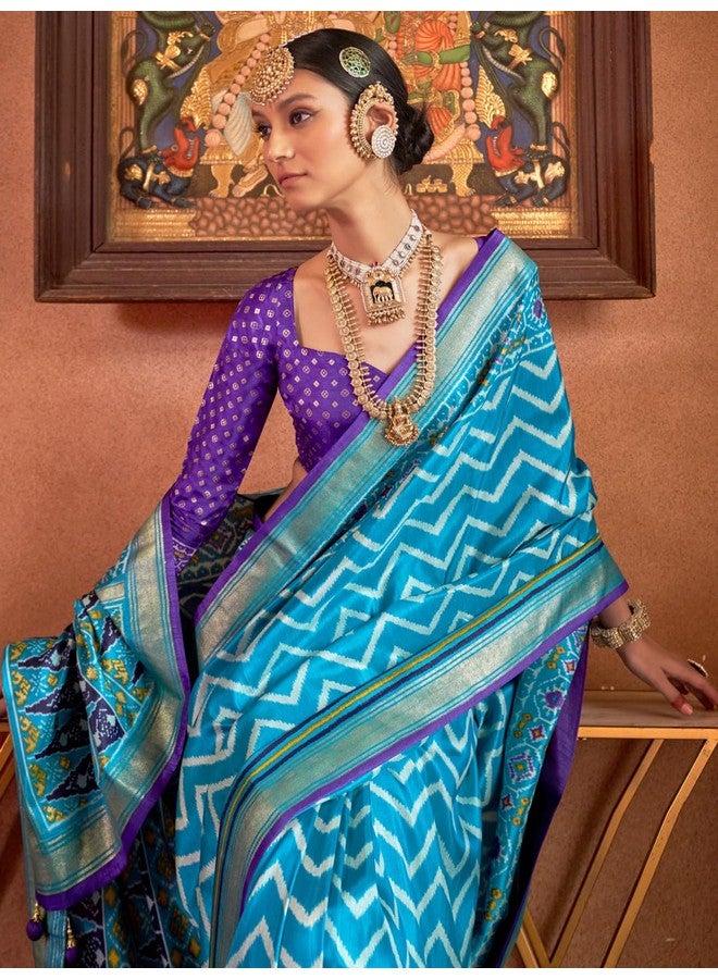 saree mall ساري مول ساري حرير مزج أزرق فاتح مزخرف هندسي مع بلوزة غير مخيطة (SUWRNAP10334_RW) - Image 5