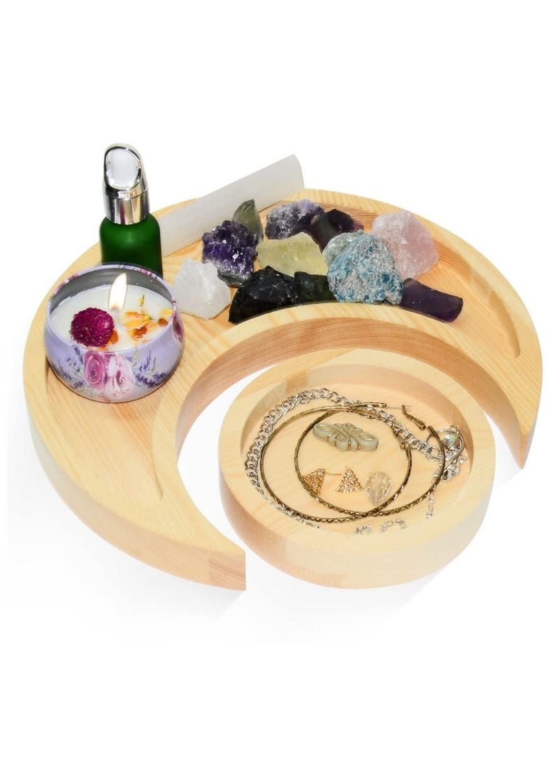 كابتن تيك Moon Tray Crystal Holder for Stones Display, Natural Pine Crystal Tray for Healing Crystal & Essential Oils, 9.17X 3.94 Inches Crescent Moon Bowl with 4.64 Inches Round Tray - Image 1