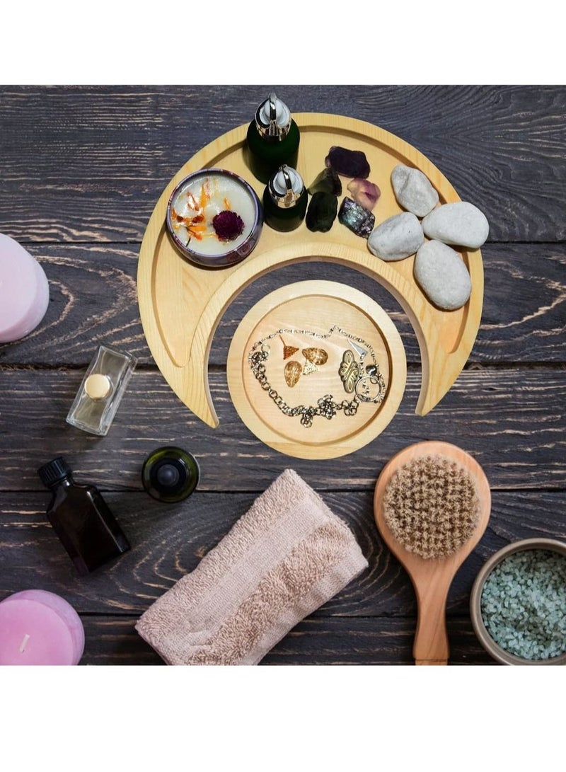 كابتن تيك Moon Tray Crystal Holder for Stones Display, Natural Pine Crystal Tray for Healing Crystal & Essential Oils, 9.17X 3.94 Inches Crescent Moon Bowl with 4.64 Inches Round Tray - Image 5