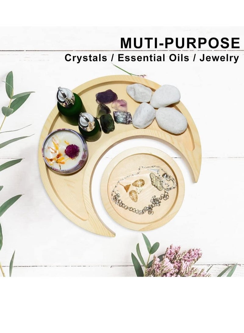 كابتن تيك Moon Tray Crystal Holder for Stones Display, Natural Pine Crystal Tray for Healing Crystal & Essential Oils, 9.17X 3.94 Inches Crescent Moon Bowl with 4.64 Inches Round Tray - Image 2