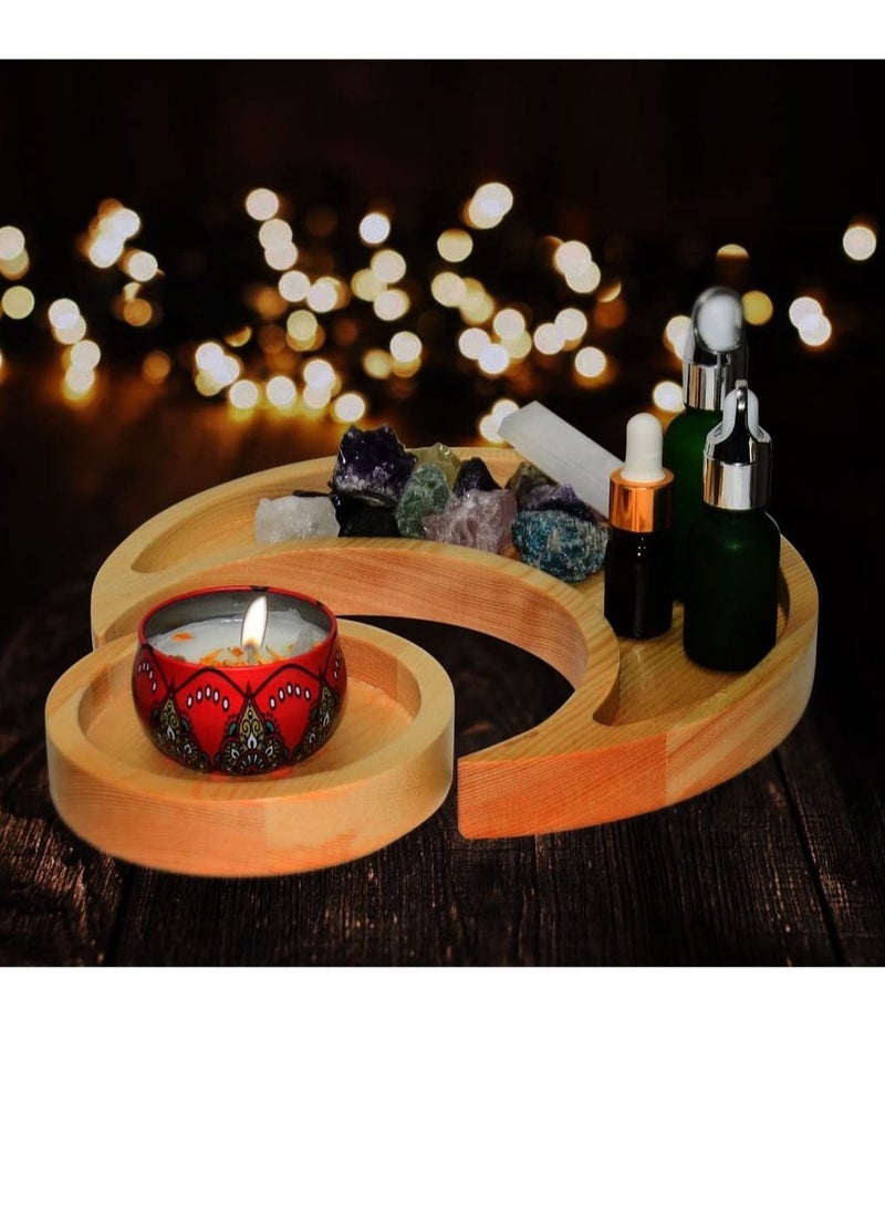 كابتن تيك Moon Tray Crystal Holder for Stones Display, Natural Pine Crystal Tray for Healing Crystal & Essential Oils, 9.17X 3.94 Inches Crescent Moon Bowl with 4.64 Inches Round Tray - Image 4