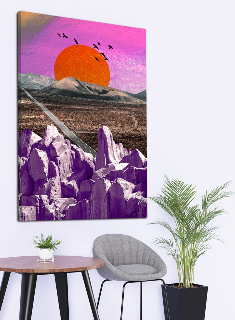 LOWHA Canvas Wall Art Stretched Over Wooden Frame with Mountains Road Painting  - Image 1