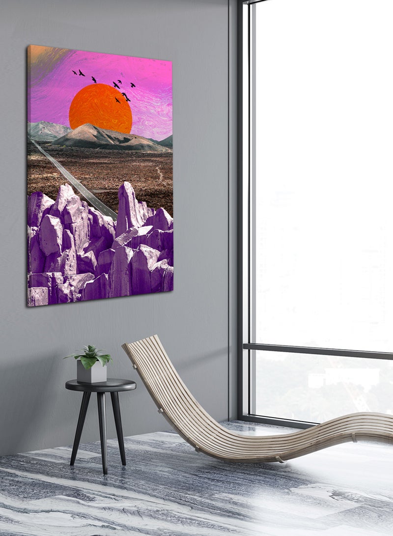 LOWHA Canvas Wall Art Stretched Over Wooden Frame with Mountains Road Painting  - Image 2