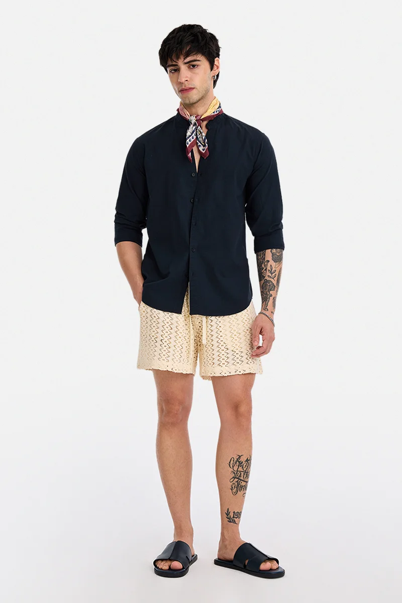 SNITCH Navy Blue Textured Long Sleeve Slim Fit Casual Shirt