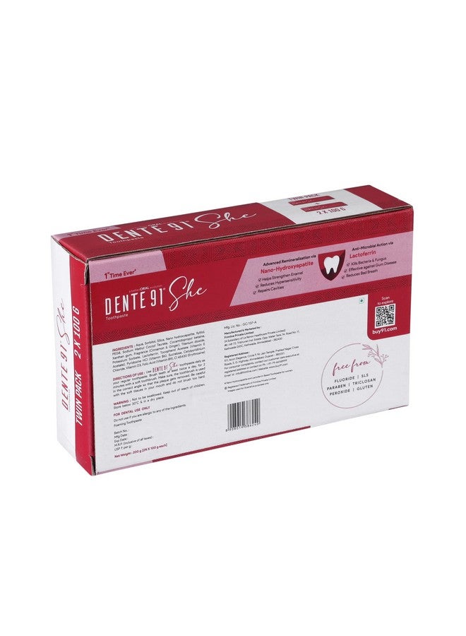 DENTE91 She Toothpaste Specially Crafted For Women, Contains Folic Acid & Vitamins (B6, E, D3), Cinnamon & Ginger Flavour, Free From Sls, Fluoride & Paraben 100G (Pack Of 2)  - Image 1