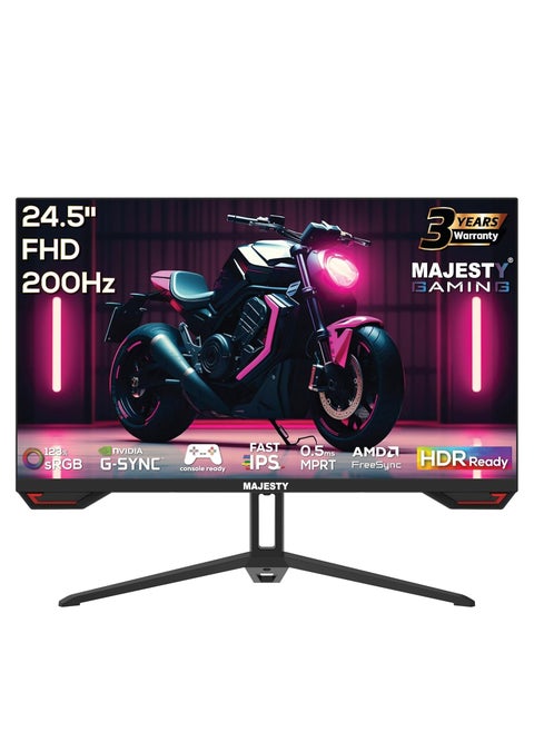 Majesty Gaming Monitor 𝟐𝟒.𝟓 Inches FHD 1920x1080, IPS, 𝟐𝟎𝟎𝐇𝐳, 0.5ms GTG, HDR400, 123% sRGB, G-SYNC, Built-in Speakers, DisplayPort, HDMI, VESA
