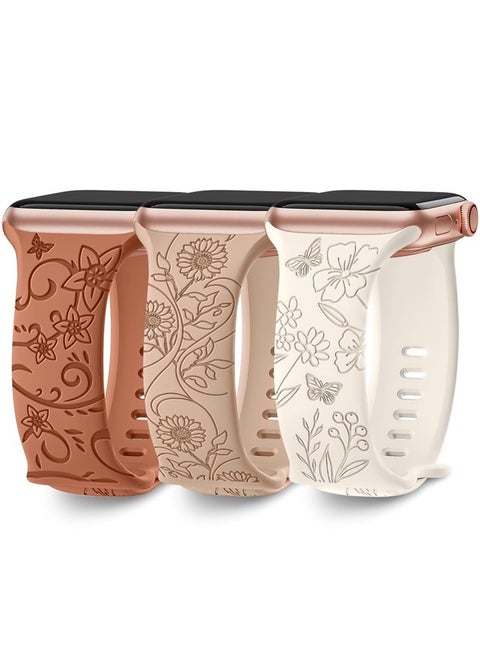 3 Pack Floral Engraved Bands Compatible with Apple Watch Band 40mm 41mm 38mm 42mm 44mm 45mm 49mm Women,Soft Silicone Cute Wildflowers Sport Laser Strap for iWatch Bands Series Ultra SE 8 6 5 4 3 2 1