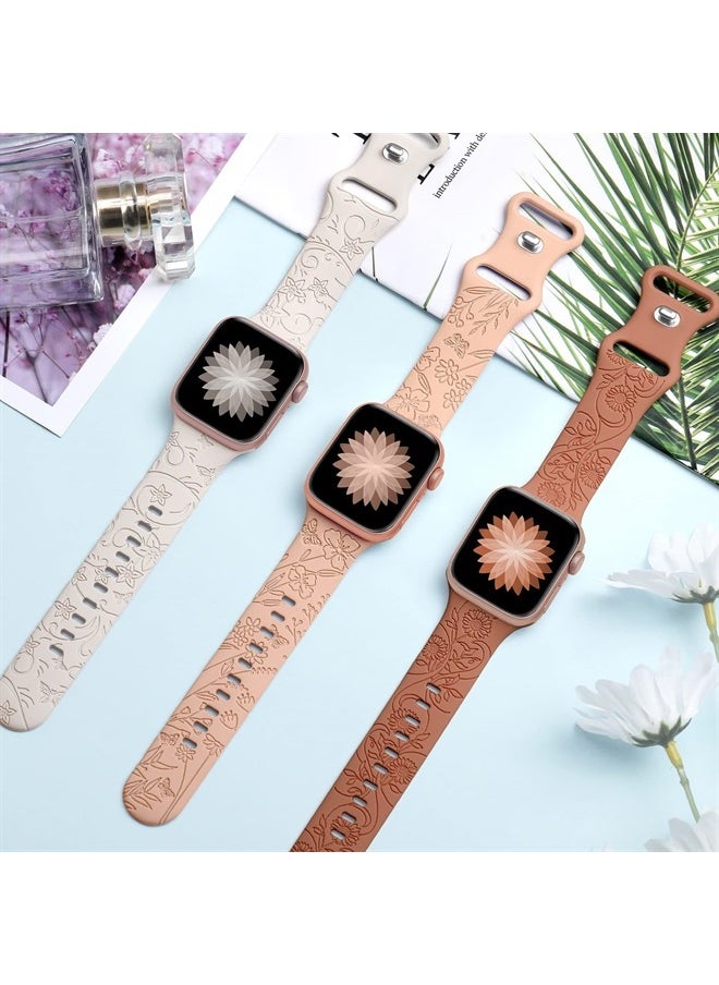 3 Pack Floral Engraved Bands Compatible with Apple Watch Band 40mm 41mm 38mm 42mm 44mm 45mm 49mm Women,Soft Silicone Cute Wildflowers Sport Laser Strap for iWatch Bands Series Ultra SE 8 6 5 4 3 2 1
