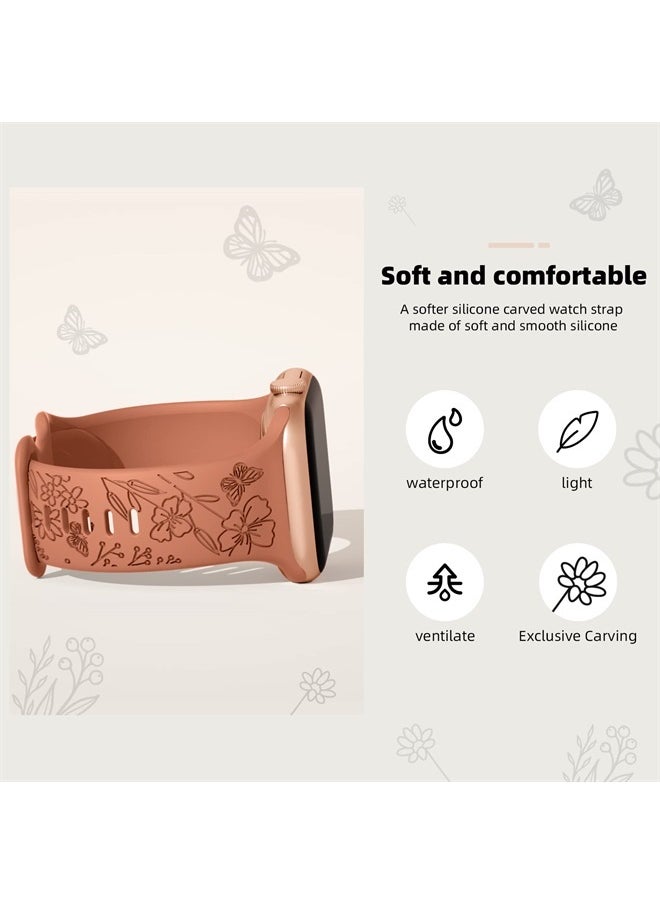 3 Pack Floral Engraved Bands Compatible with Apple Watch Band 40mm 41mm 38mm 42mm 44mm 45mm 49mm Women,Soft Silicone Cute Wildflowers Sport Laser Strap for iWatch Bands Series Ultra SE 8 6 5 4 3 2 1