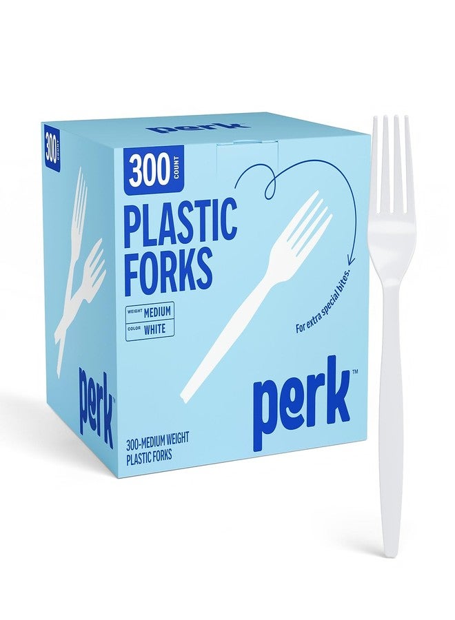 PERK Staples Perk Plastic Forks, Medium-Weight Disposable Silverware, Perfect For Breakfast, Snacks, Desserts, 300-Pack, White - Image 1