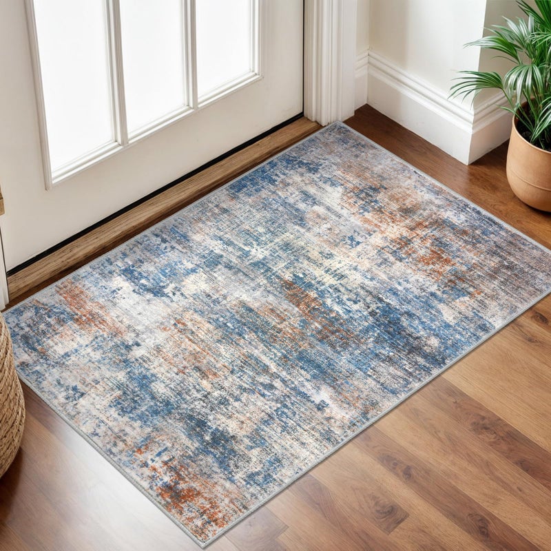 IOHOUZE Small Abstract Area Rug 2x3 Ft Entryway Rugs Washable Door Mat Indoor Entrance Rubber Backed Throw Rugs Printed Faux Wool Non Slip Floor Carpet for Foyer Front Door Sink Blue Rust