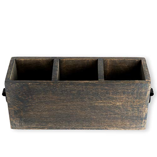 GoCraft 3-Compartment Flatware Caddy – Wooden Cutlery & Utensil Holder for Silverware, Tongs, Sauce Spoons, and More – Grey Washed Mango Wood with Metal Handles, Ideal for Kitchen & Dining Table - Image 3