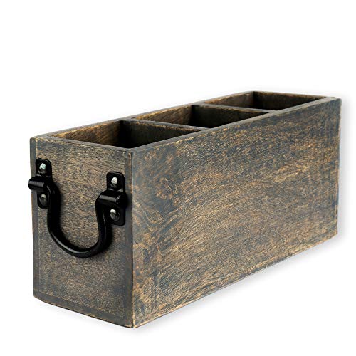 GoCraft 3-Compartment Flatware Caddy – Wooden Cutlery & Utensil Holder for Silverware, Tongs, Sauce Spoons, and More – Grey Washed Mango Wood with Metal Handles, Ideal for Kitchen & Dining Table - Image 1
