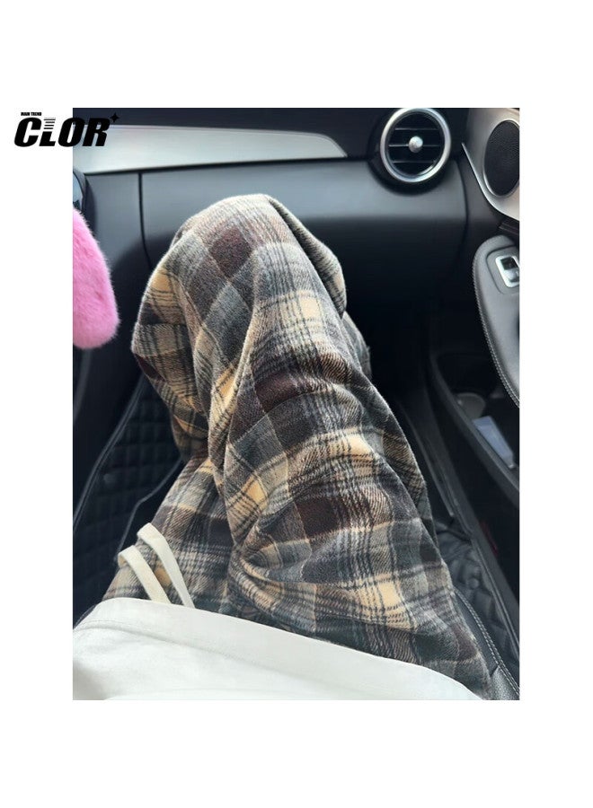 Clor Spring Summer Plaid Casual Pants Men American Streetwear Loose Retro Colorblock Versatile Straight Leg Pants Cl87 Coffee Check 4XL - Image 5