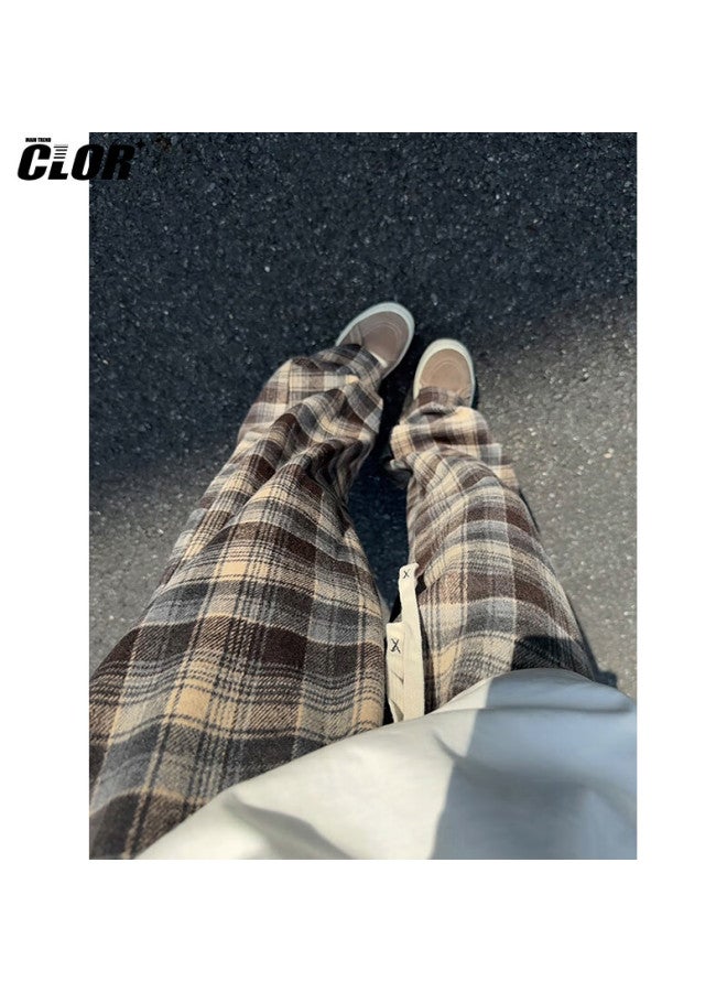 Clor Spring Summer Plaid Casual Pants Men American Streetwear Loose Retro Colorblock Versatile Straight Leg Pants Cl87 Coffee Check 4XL - Image 4