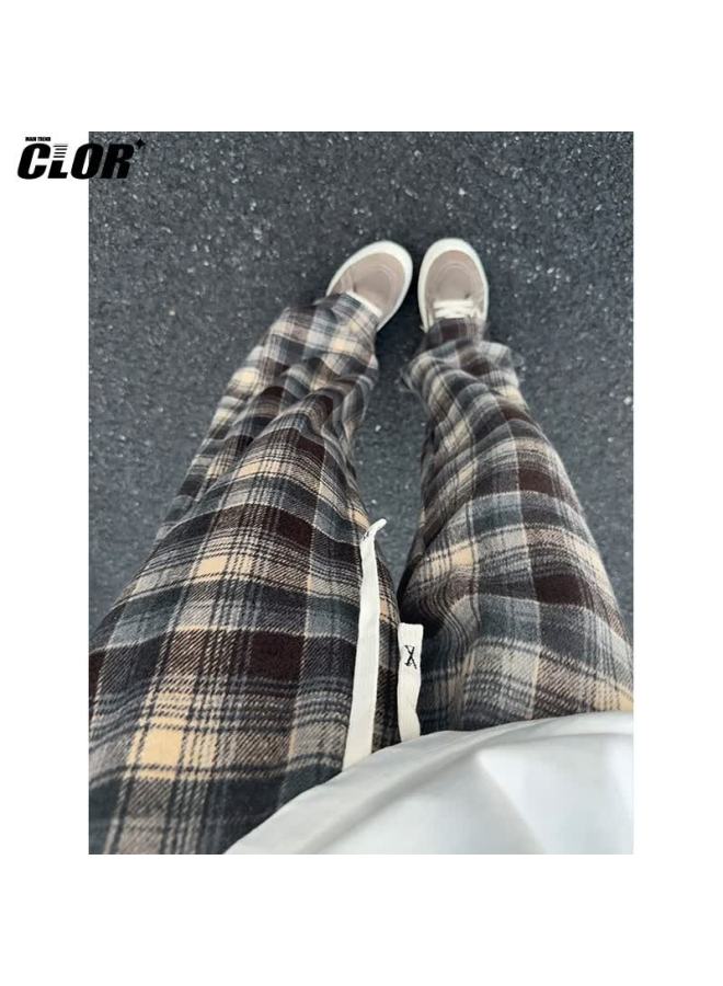 Clor Spring Summer Plaid Casual Pants Men American Streetwear Loose Retro Colorblock Versatile Straight Leg Pants Cl87 Coffee Check 4XL - Image 1